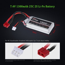 JHpower 7.4V 1300mAh 25C 2S Li-Po Battery with T Plug for RC Car Boat Airplane Helicopter