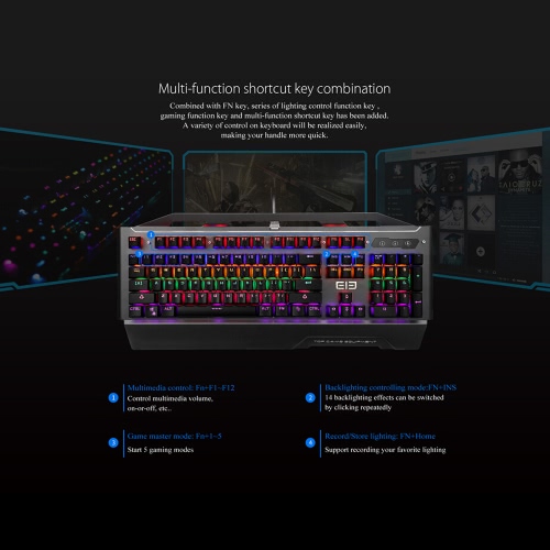 

Ele EleEnter Game2 Programmable Macro Keys USB Wired Blue Switches Tactile Mechanical Esport Gaming Keyboard Ergonomic LED RGB Illuminated Backlit with 104 Keys