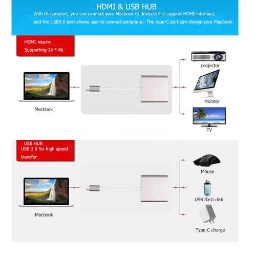 

Type C USB 3.1 HUB to Female HDMI/USB 3.0/USB Type C/F Adapter Charger Support 2K 4K HD for Laptop Macbook Google Chromebook Pixel Devices with Type C Port